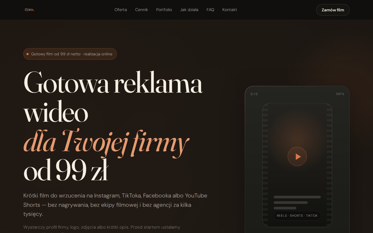 Reklamy AI Wideo — krótkie filmy reklamowe dla firm od 99 zł
